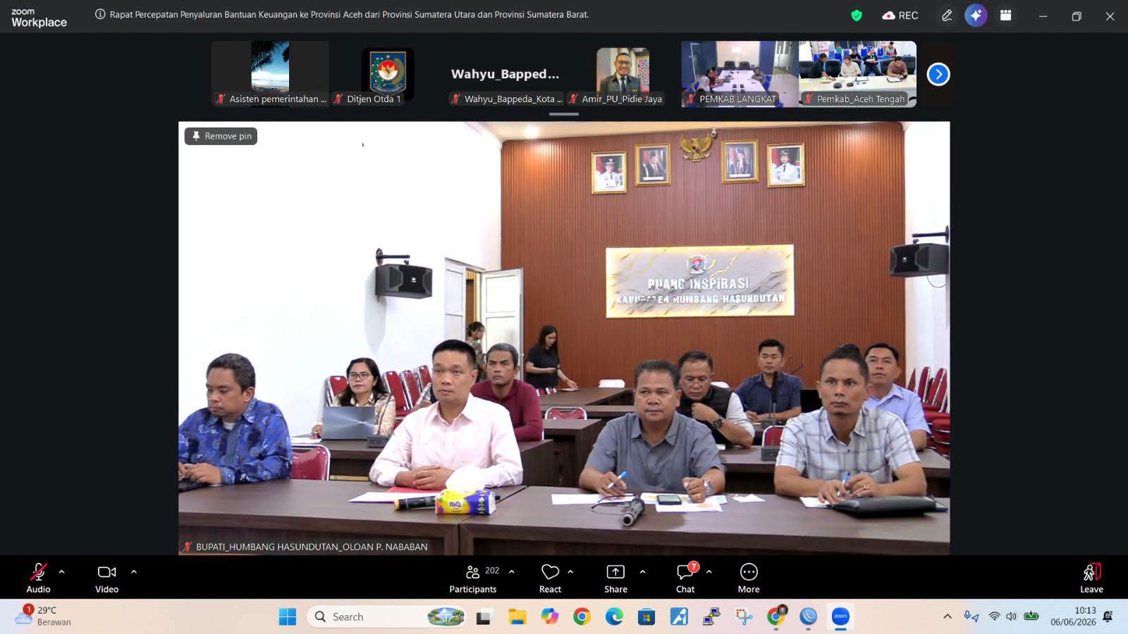 Bupati Humbahas Ikuti Rapat Percepatan Penyaluran Bantuan Keuangan untuk Provinsi Aceh