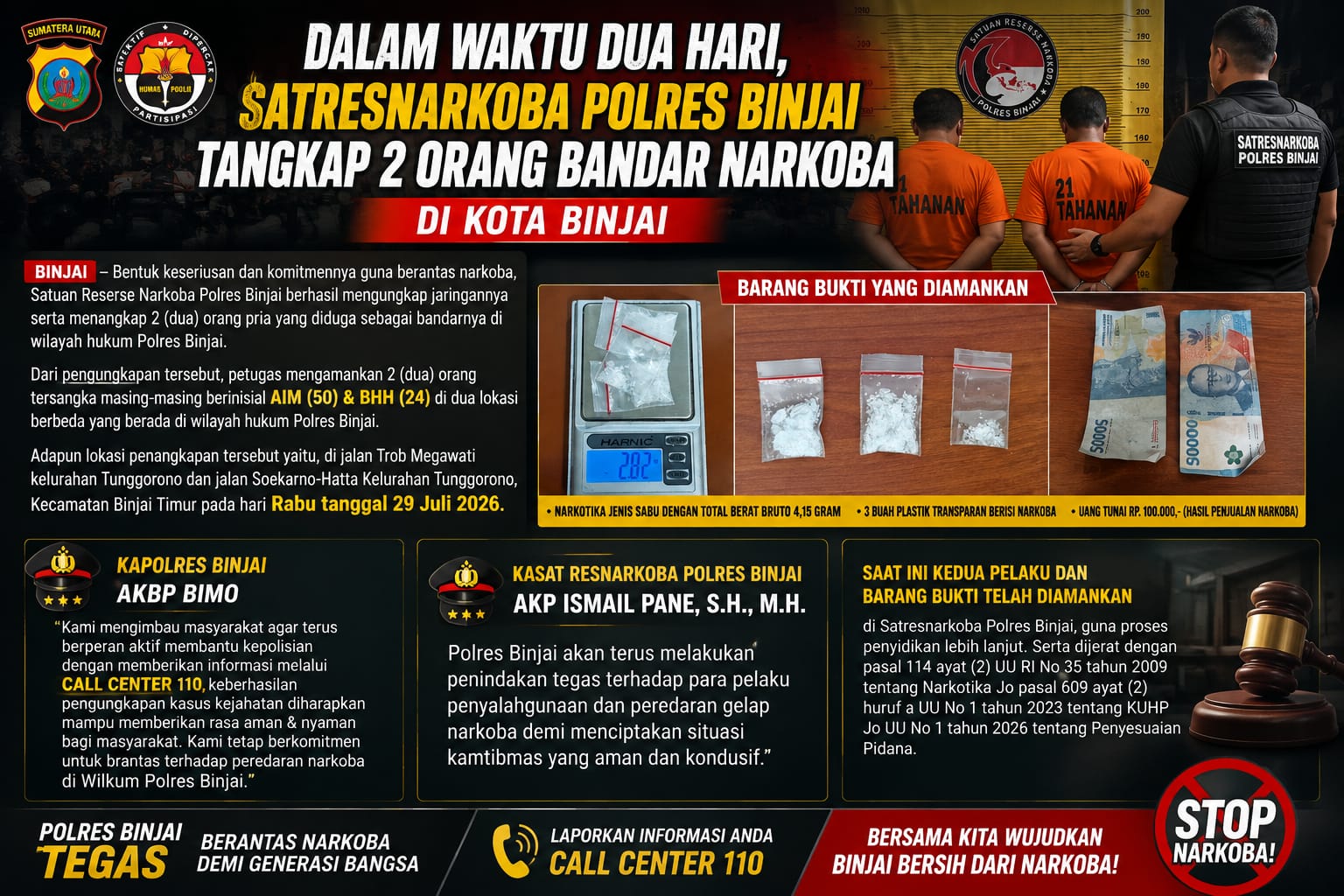 Dalam Waktu Dua Hari, Satresnarkoba Polres Binjai Tangkap 2 Bandar Narkoba di Kota Binjai