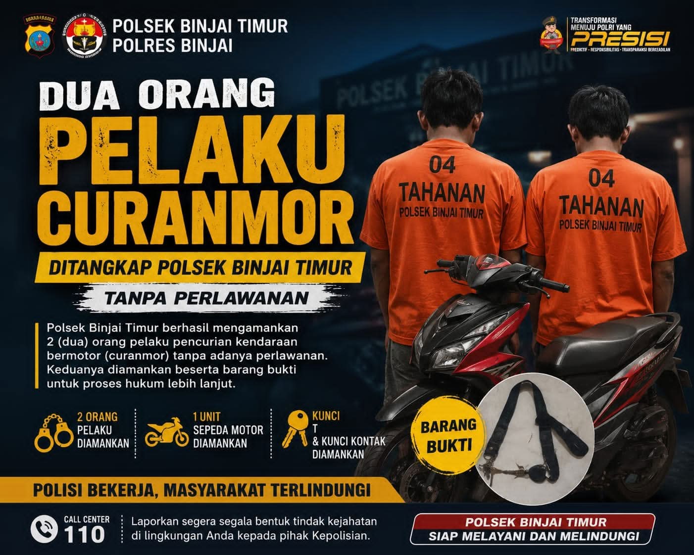 Dua Pelaku Curanmor Ditangkap Polsek Binjai Timur Tanpa Perlawanan