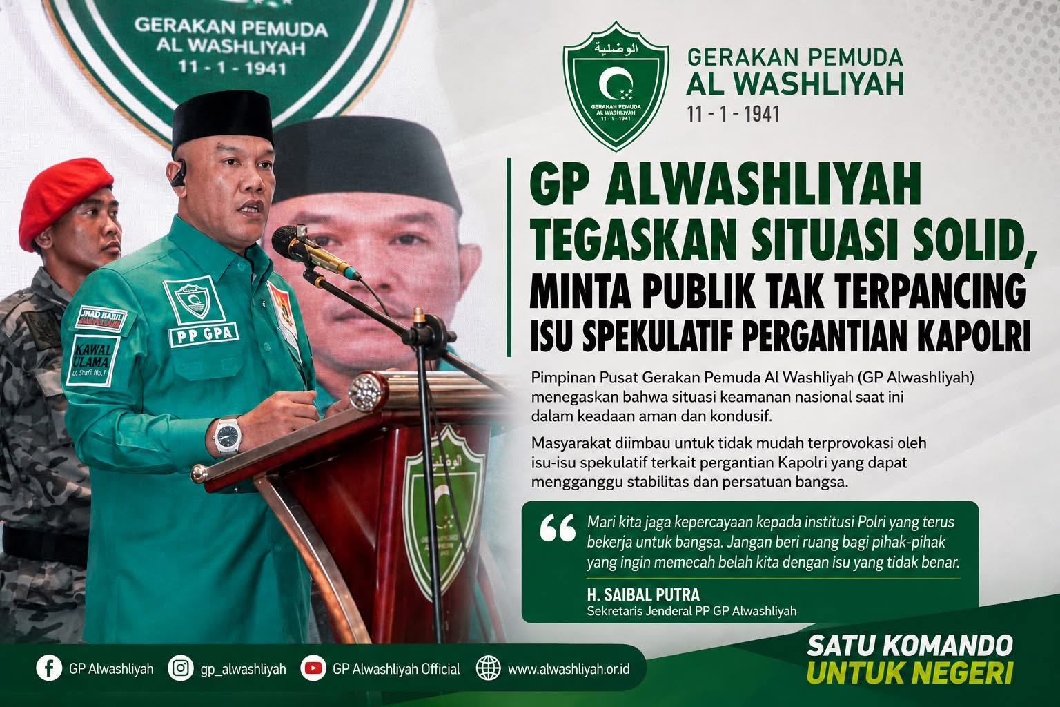 GP Al Washliyah Minta Publik Tak Terpancing Rumor Pergantian Kapolri, Tegaskan Polri Tetap Solid