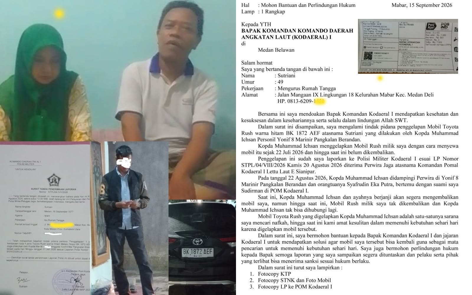 Gelapkan Mobil, Pasutri Laporkan Oknum Marinir Pangkalan Berandan Ke POM dan Ke Dankodaeral I 