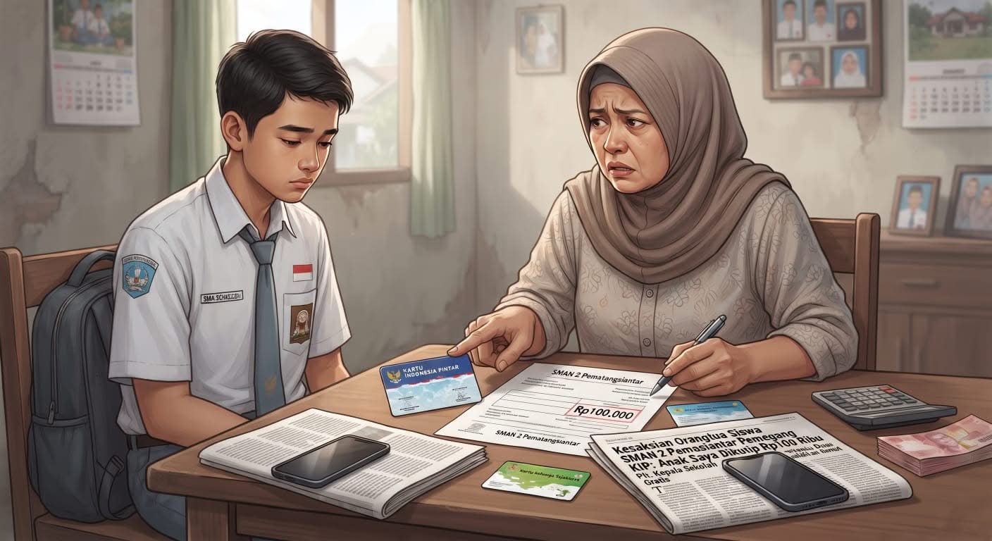 Ilustrasi ekspresi siswa SMA pemegang KIP saat dimintai kutipan Rp100 ribu oleh sekolah negeri.(Grafis: AI/Aktual Online)